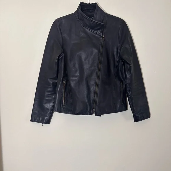 Eileen Fisher Leather black moto biker jacket Asymmetrical zip size small - Picture 14 of 16